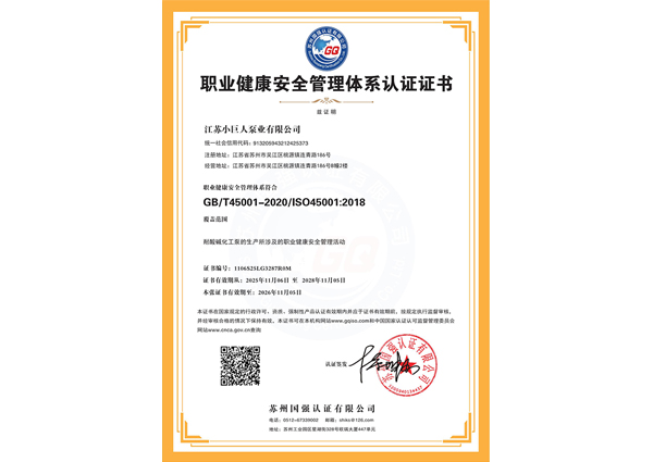 职业健全安全治理系统认证证书